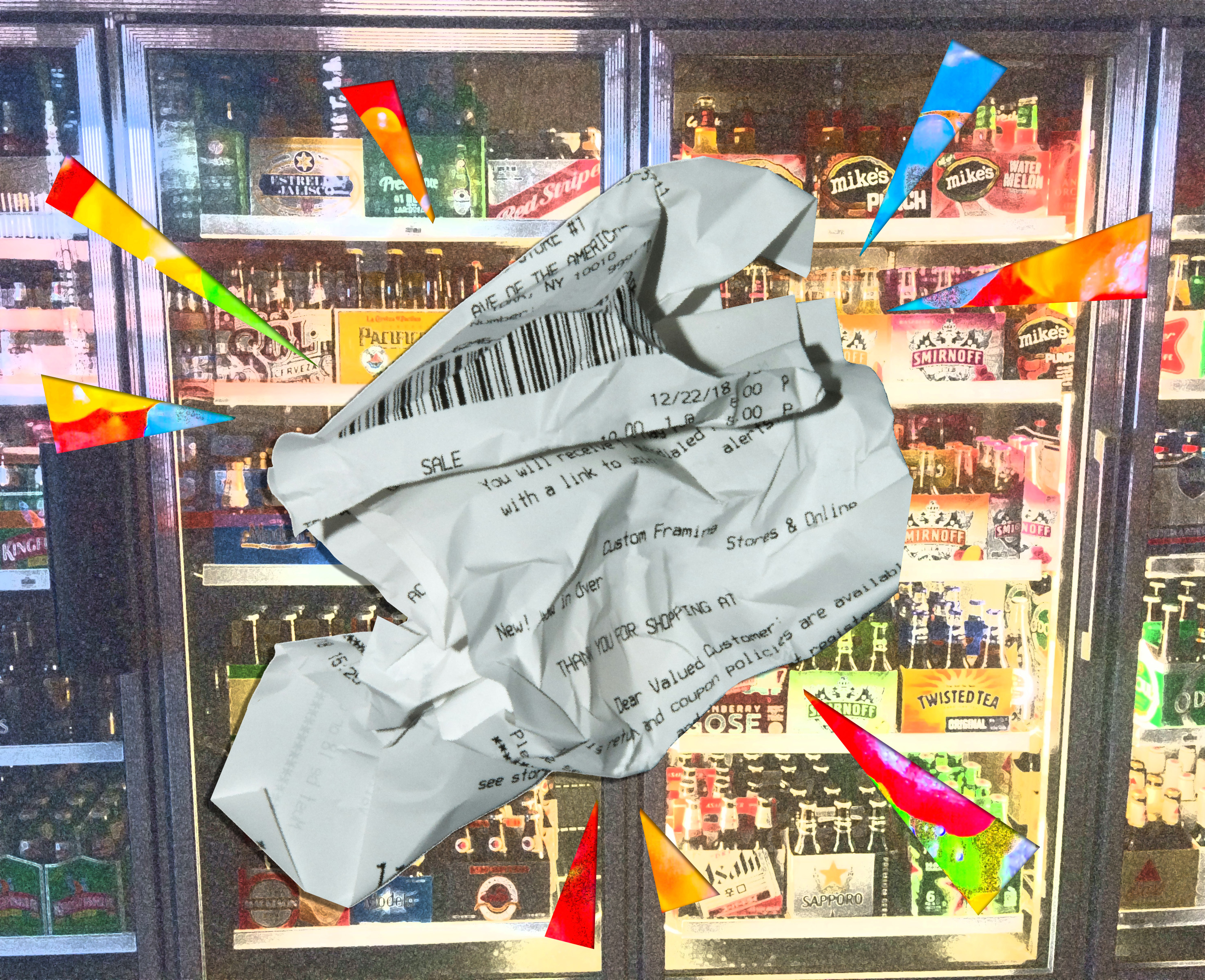 Crumpled receipt paper infront of a gas station beer fridge.