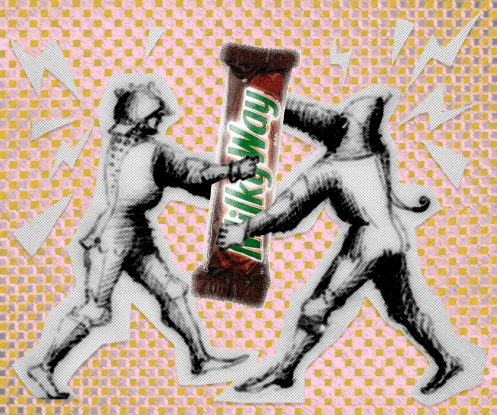Drawing of two armored men fighting over a Milky Way candy bar.