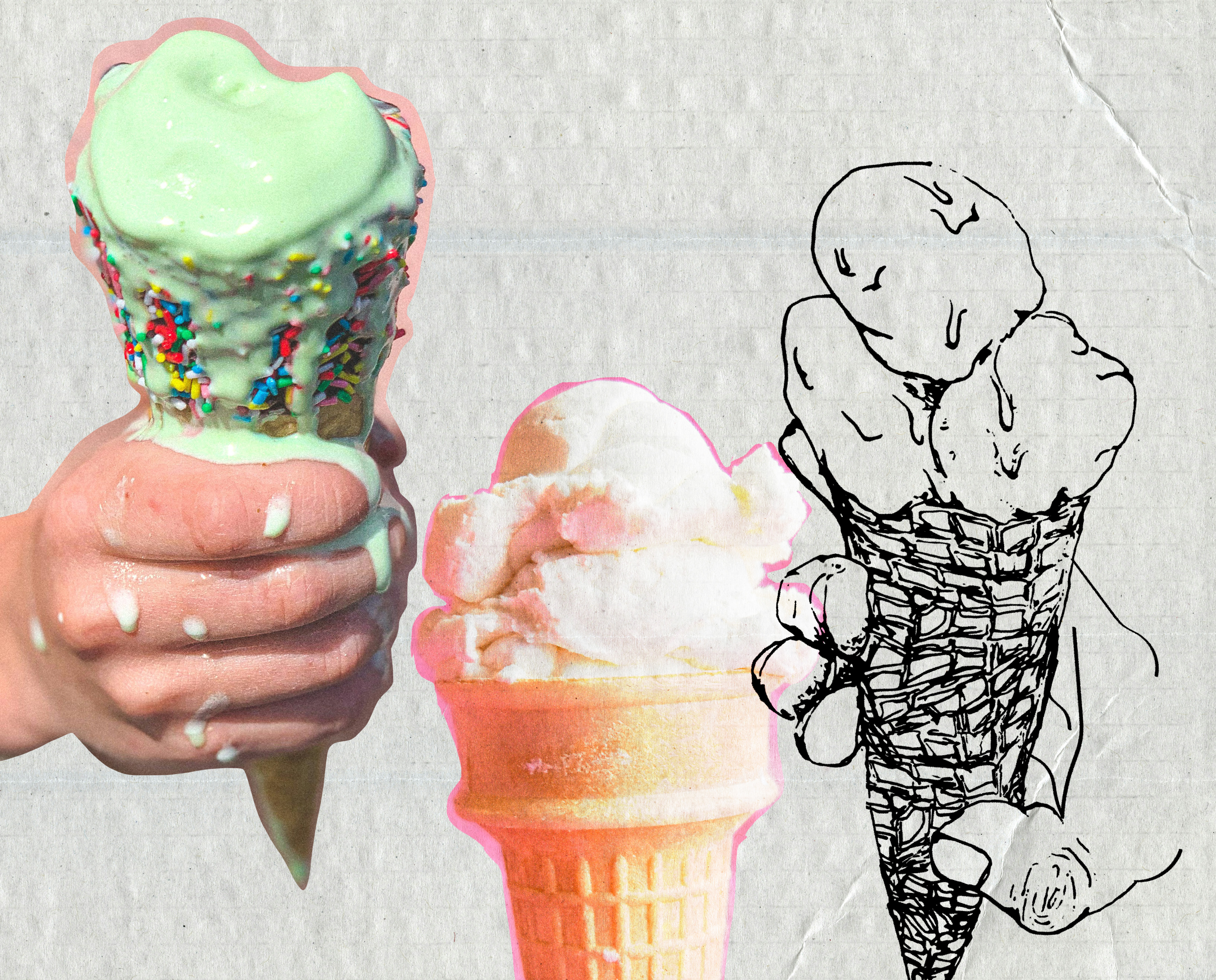 Collage of a green, melting icecream cone with sprinkles, a vanilla icecream cone, and a black line drawing of an icecream cone.