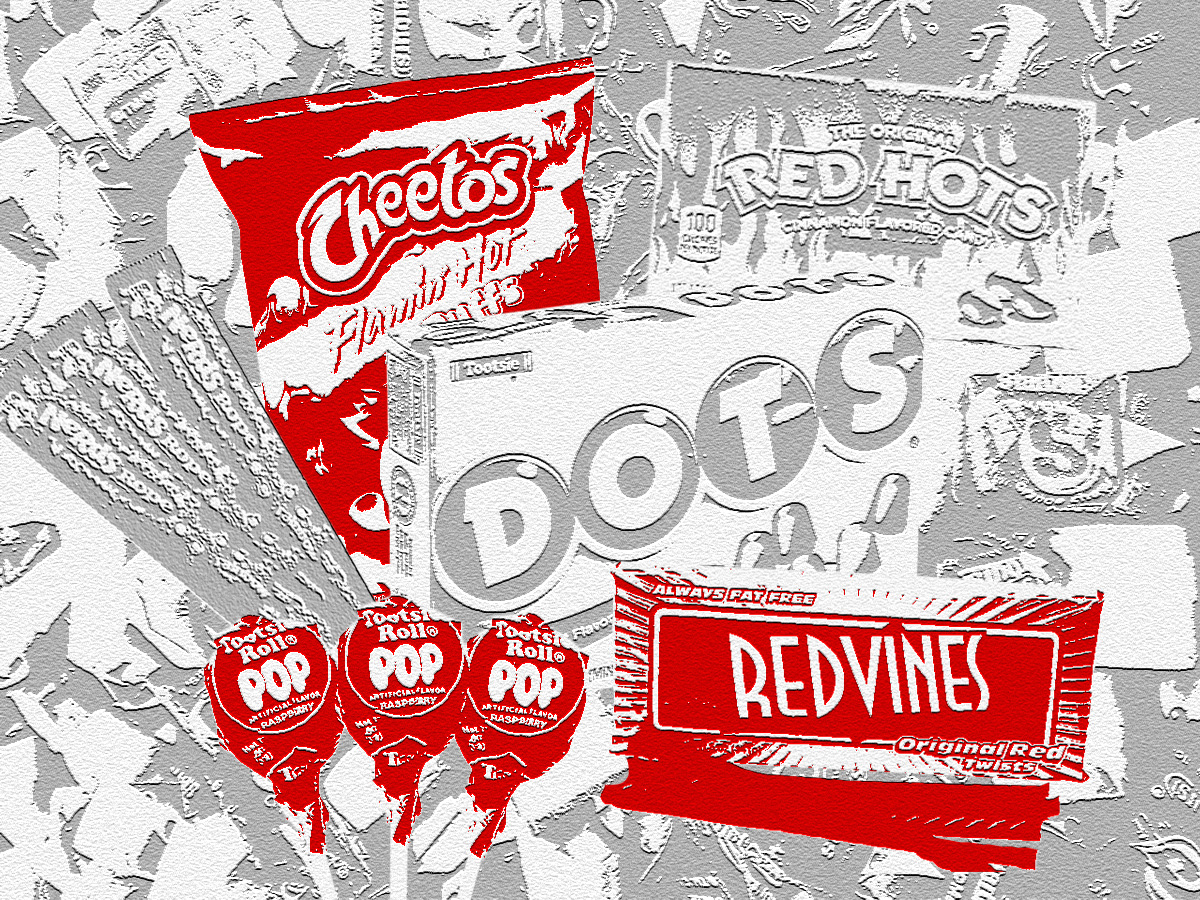 Grey and white photo of popular candy, with some colored red.